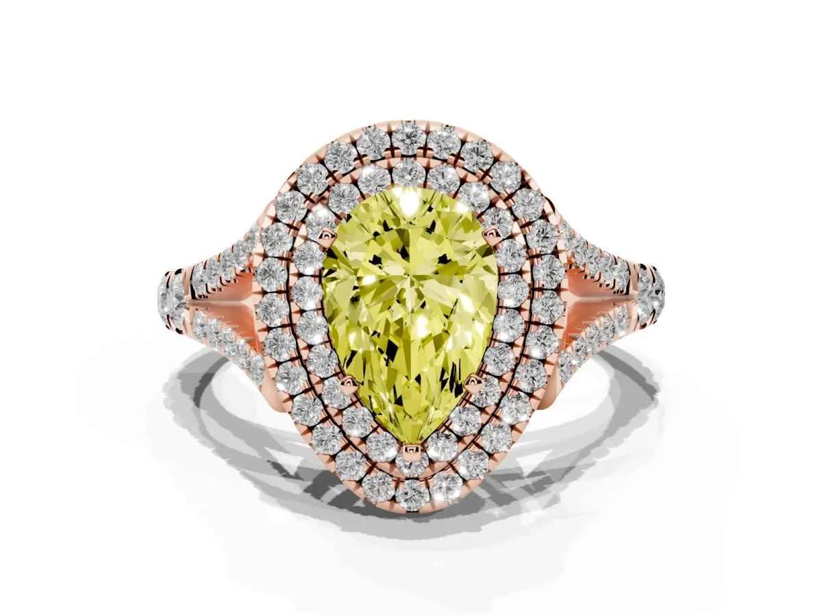 Fancy Yellow Double Halo Pear Cut Diamond Split Shank Engagement Ring with Four-Prong Setting Rose gold