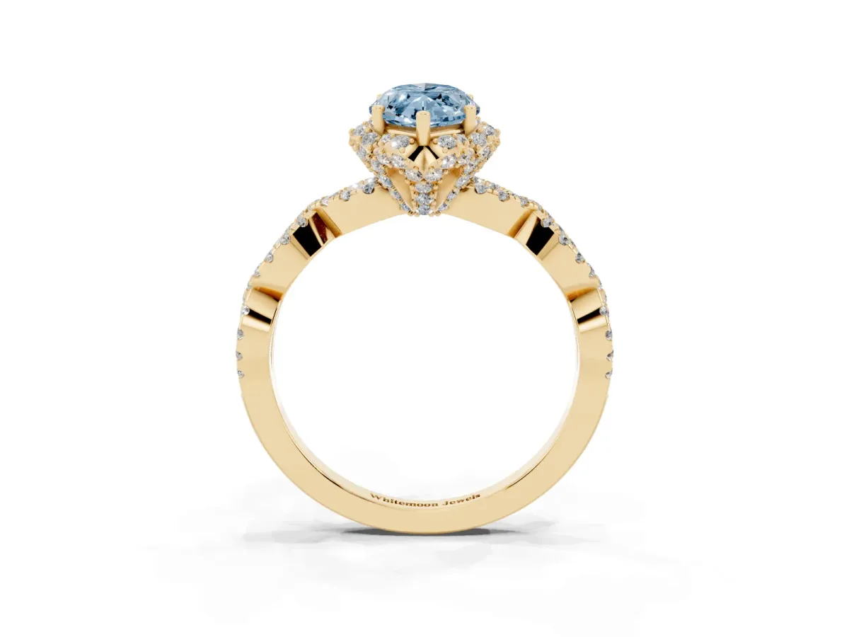 Fancy Blue Marquise Cut Halo Twist Band Solitaire Ring with Six-Prong Setting Yellow gold
