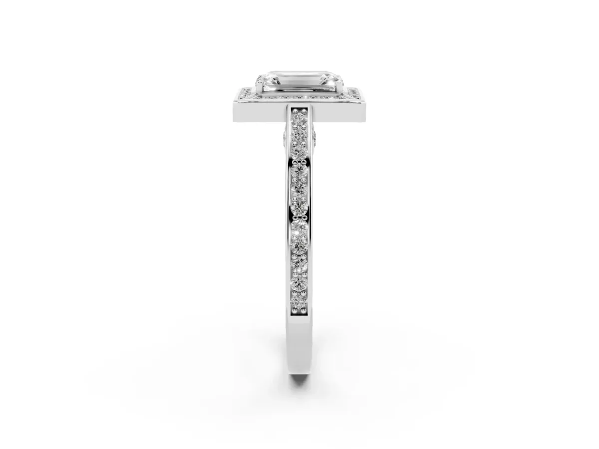 Emerald Cut Cut Halo Pave Split Shank Prong Setting Ring Silver