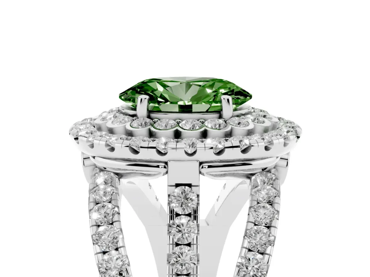 Fancy Green Oval Cut Diamond Double Halo Ring with Round Pavé Split Shank and Prong Setting Silver