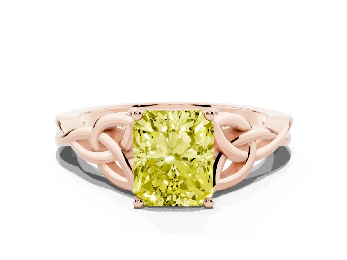 Fancy Yellow Radiant Cut Diamond Solitaire Engagement Ring with Celtic Knot Band and Four-Prong Setting Rose gold