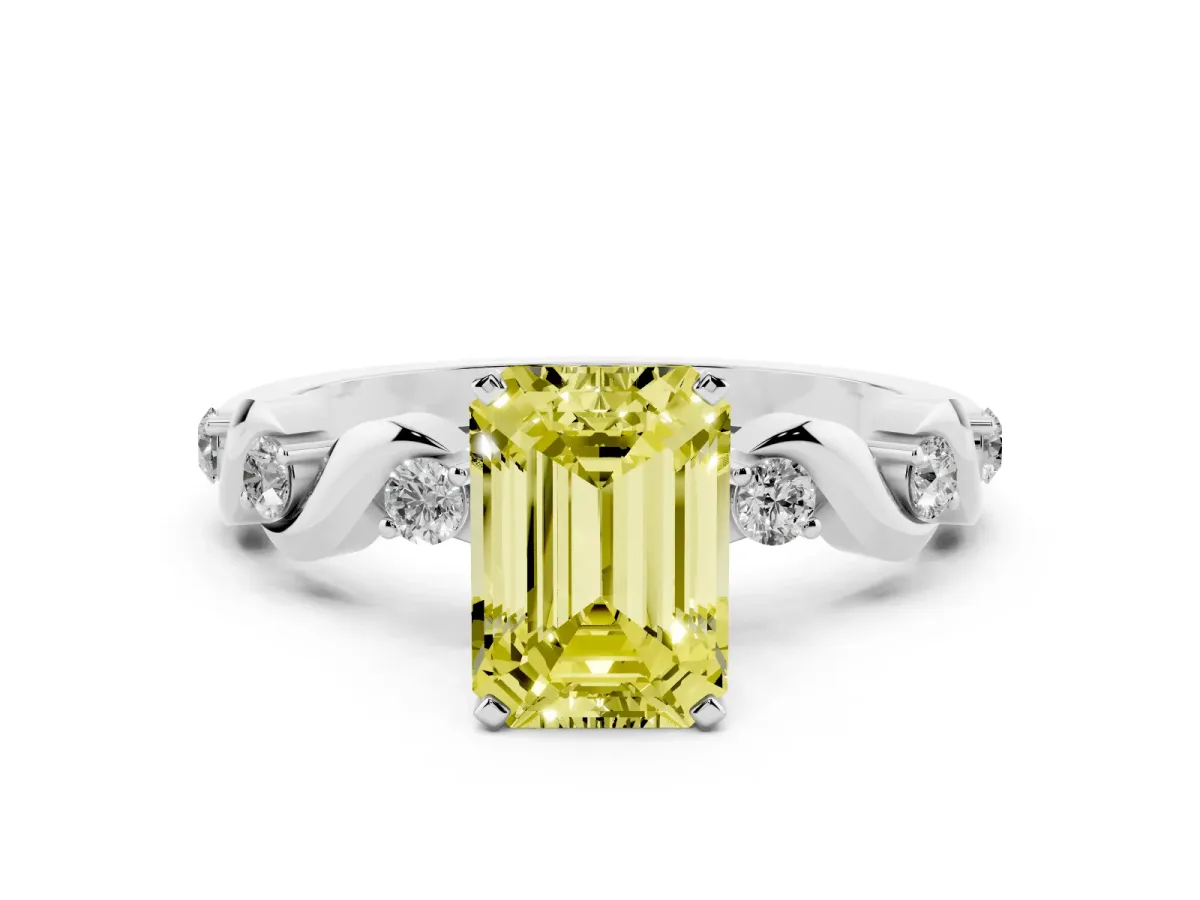 Fancy Yellow Emerald Cut Diamond Solitaire Twisted Band with Round Accents and Prong Setting Silver