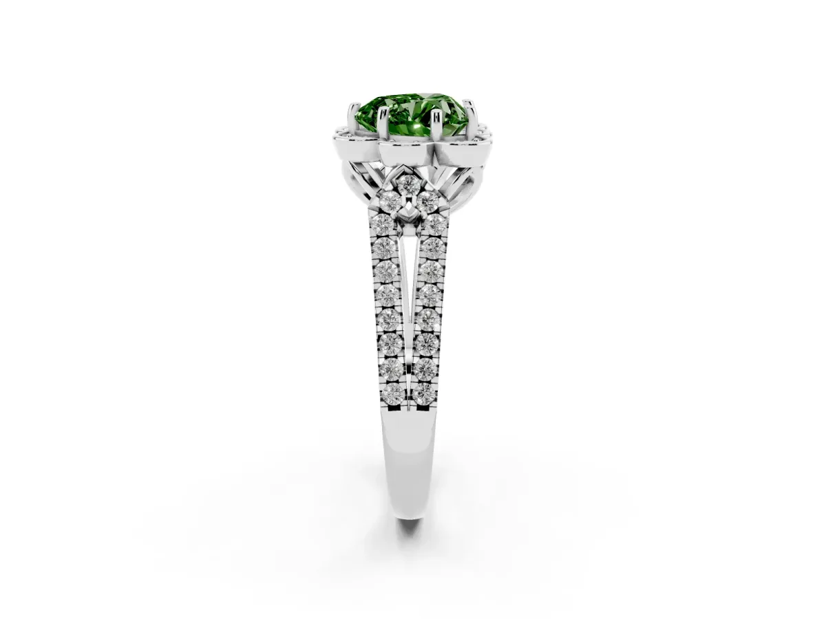 Fancy Green Heart Cut Halo Diamond Floral Split Shank Engagement Ring Silver