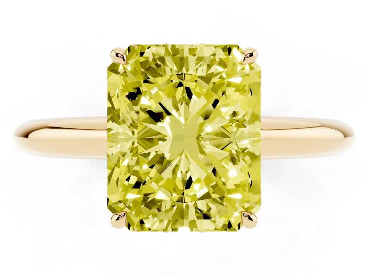 Fancy Yellow Radiant Cut Brilliant Solitaire Engagement Ring with Six-Prong Setting and Classic Band Yellow gold