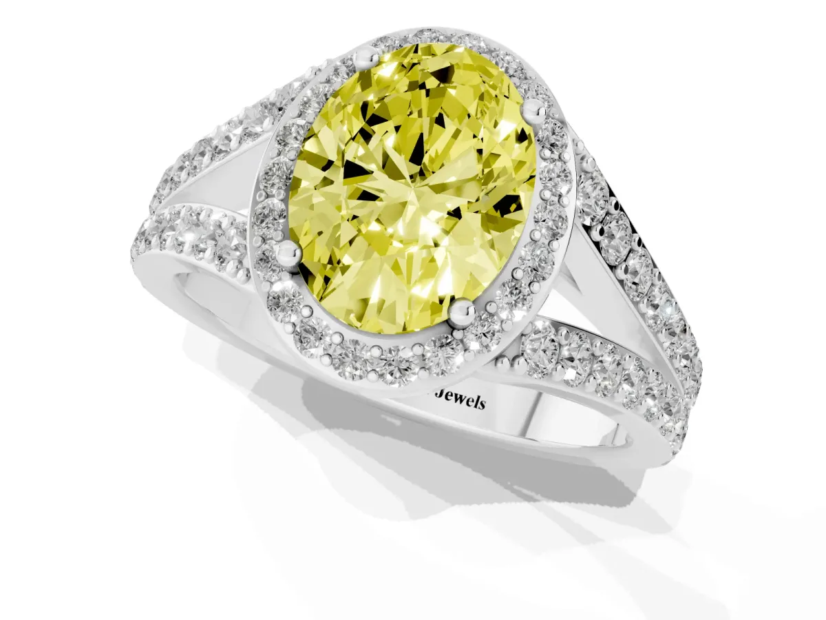 Fancy Yellow Oval Cut Diamond Split Shank Halo Ring with Four-Prong Setting Silver