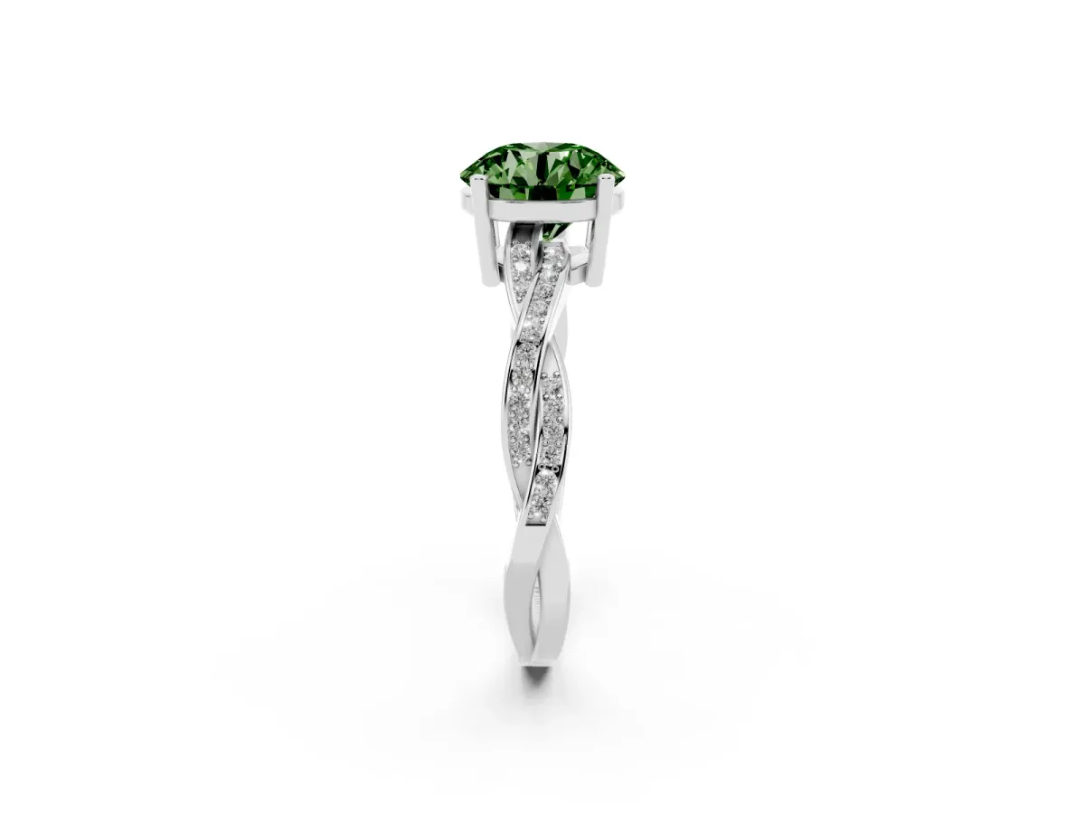 Fancy Green Round Cut Solitaire Twisted Pave Diamond Ring with Four-Prong Setting Silver