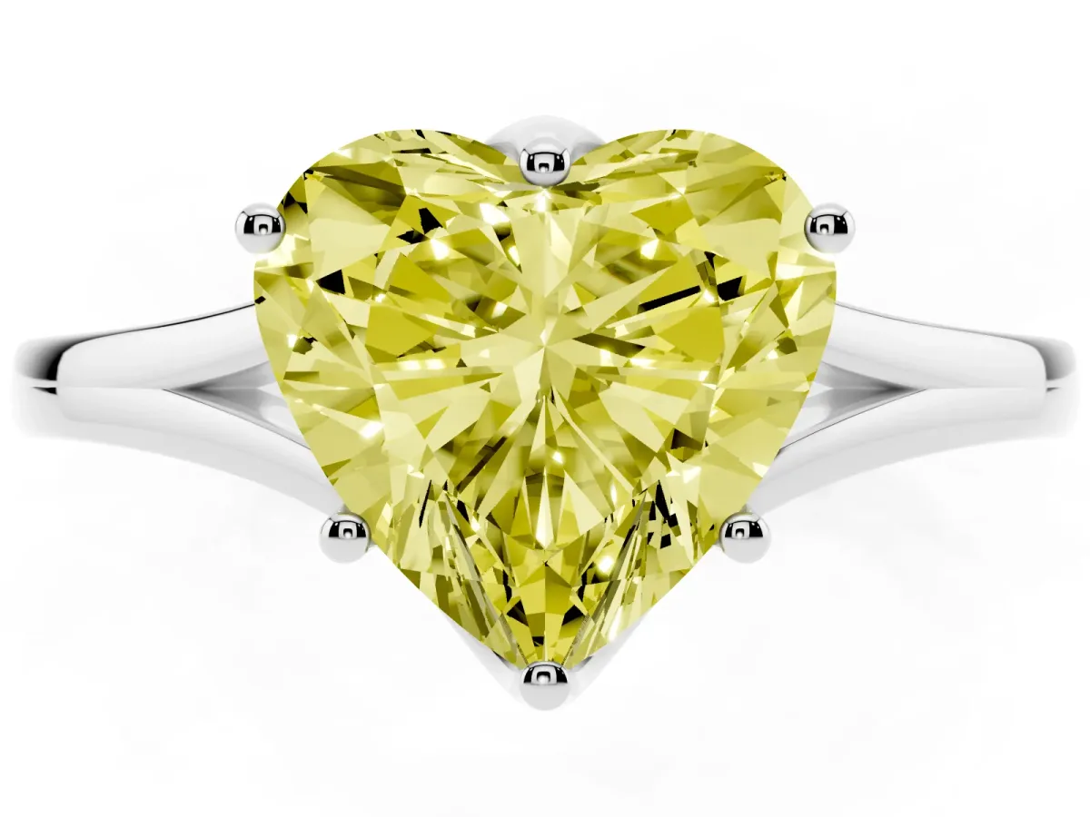 Fancy Yellow Heart Cut Solitaire Diamond Ring with Six-Prong Setting and Tapered Band Silver
