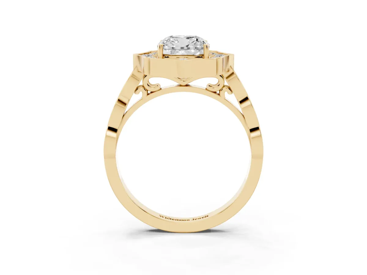 Cushion Cut Halo Diamond Engagement Ring with Milgrain Band and Four-Prong Setting Yellow gold