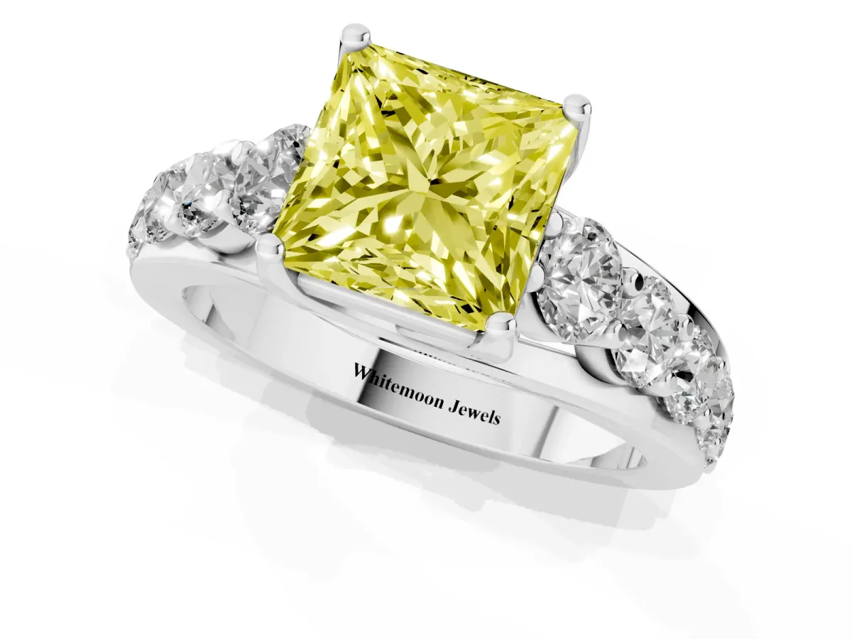 Fancy Yellow Princess Cut Diamond Engagement Ring with Pavé Band and Four-Prong Setting Silver