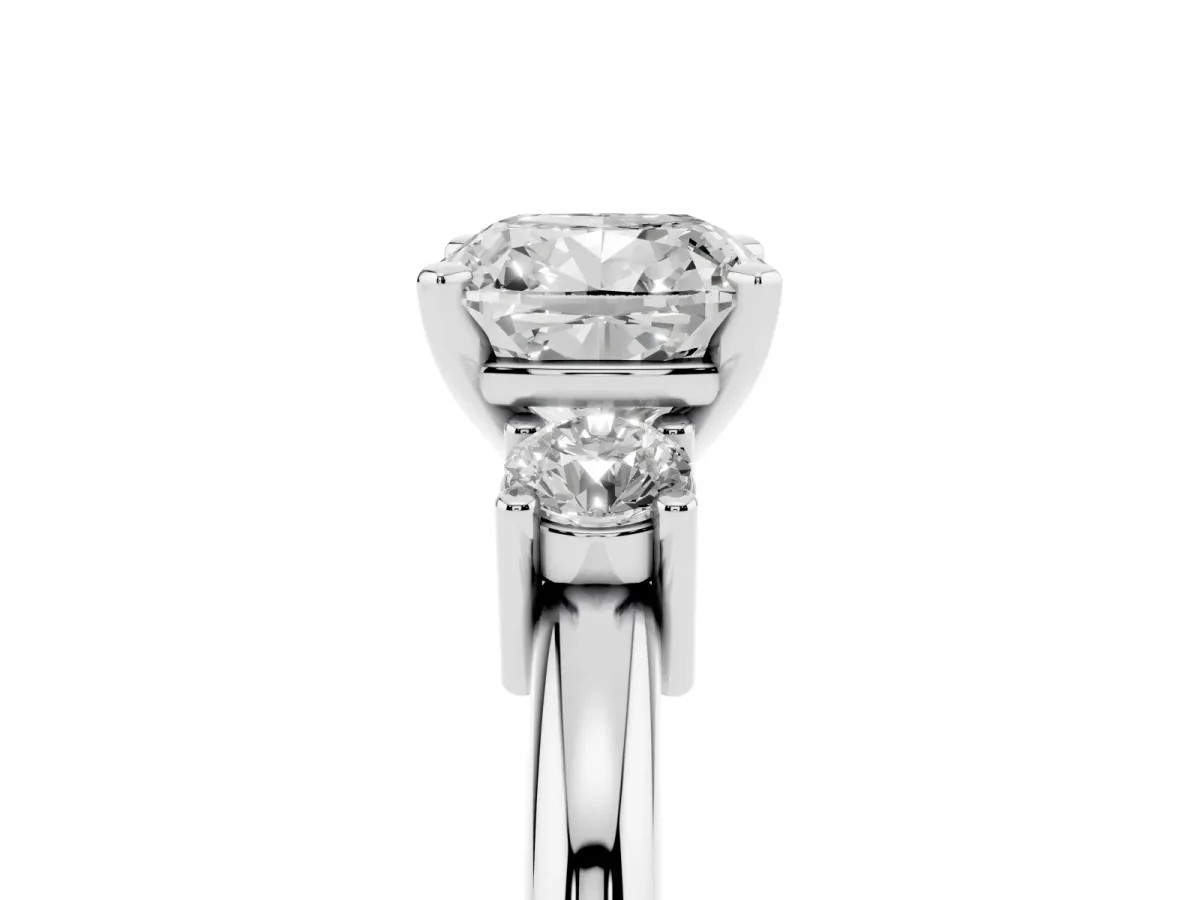 Three-Stone Cushion Cut Cut Diamond Solitaire with Prong Setting and Classic Band White gold
