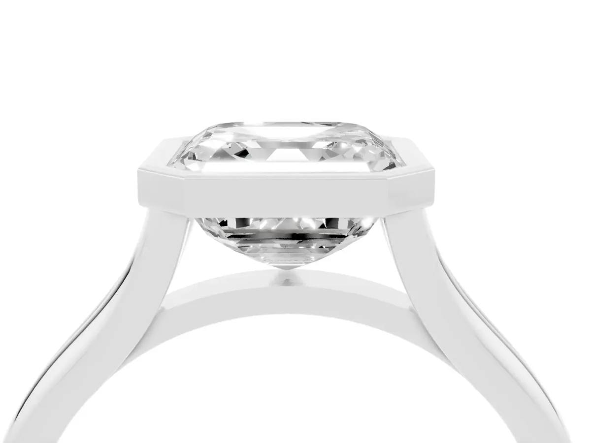 Bezel Set Asscher Cut Cut Solitaire Ring with Tapered Band Silver