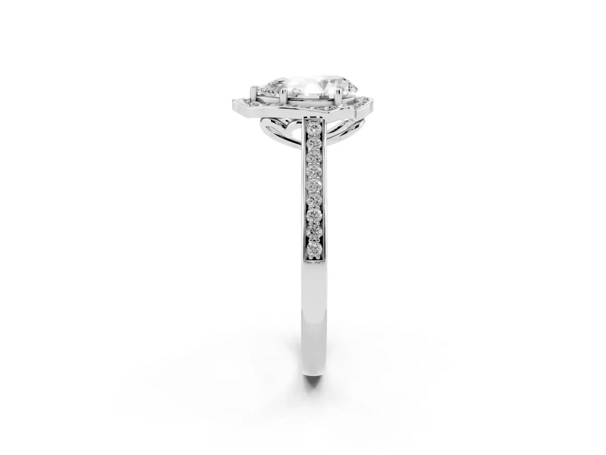 Pear Cut Halo Round Diamond Pave Band with Four-Prong Setting Silver