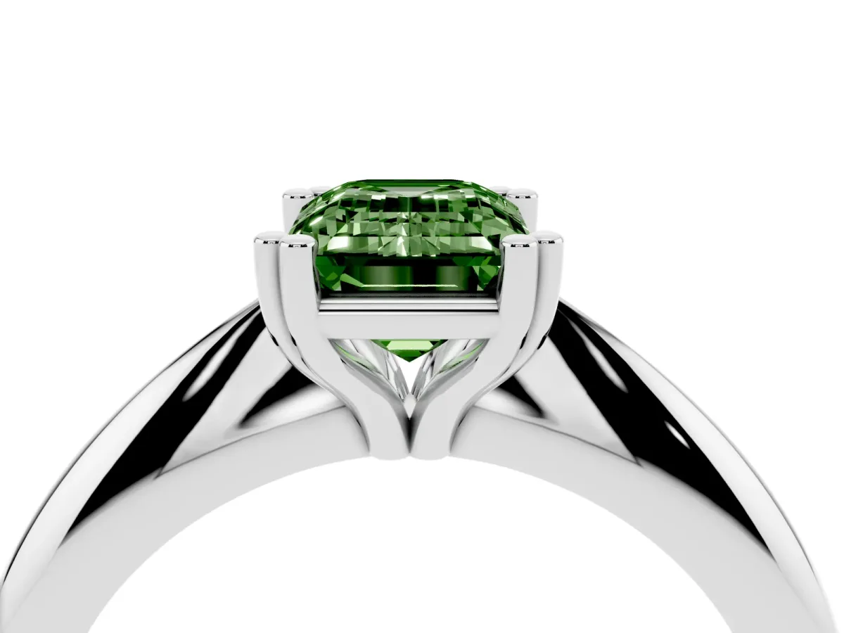 Fancy Green Emerald Cut Cut Solitaire Engagement Ring with Tapered Band and Four-Prong Setting White gold