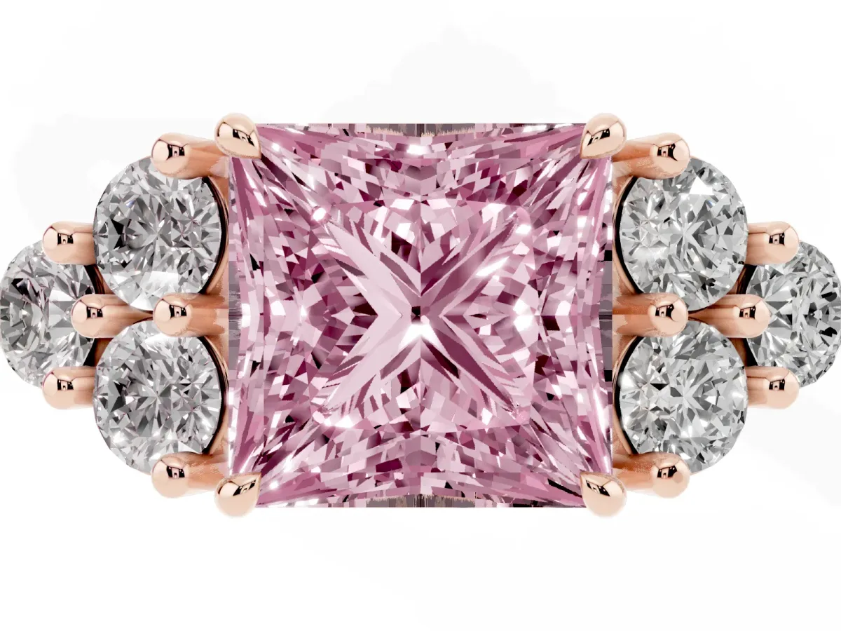 Fancy Pink Princess Cut Brilliant Diamond Cluster Accent Solitaire Ring with Prong Setting Rose gold