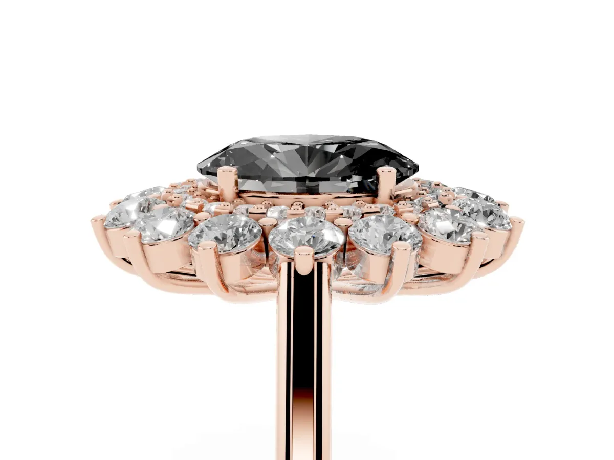 Fancy Black Oval Cut Diamond Floral Double Halo Engagement Ring with Prong Setting Rose gold