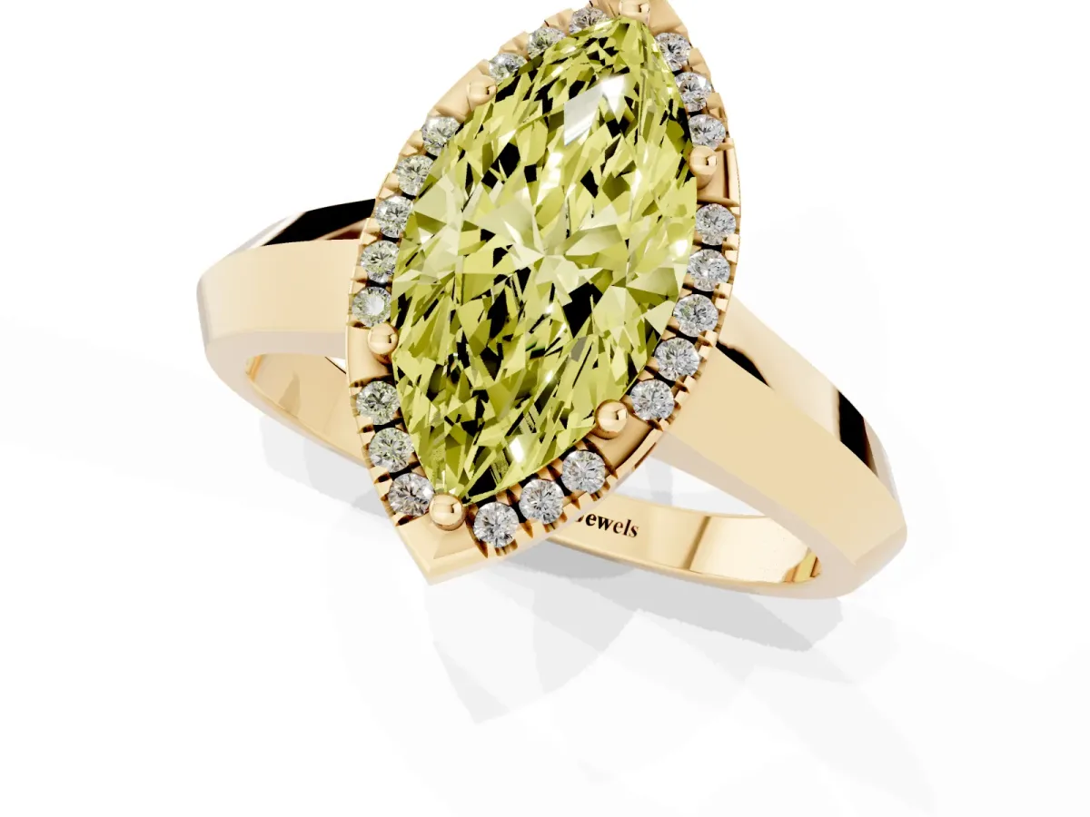 Fancy Yellow Marquise Cut Halo Diamond Ring with Cathedral Band and Four-Prong Setting Yellow gold