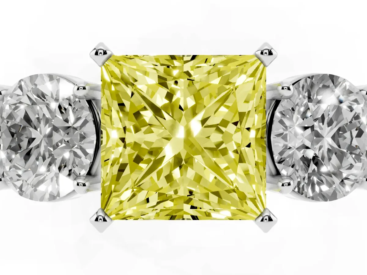 Fancy Yellow Three-Stone Princess Cut Diamond Ring with Round Side Stones, Classic Band, and Four-Prong Setting Platinum