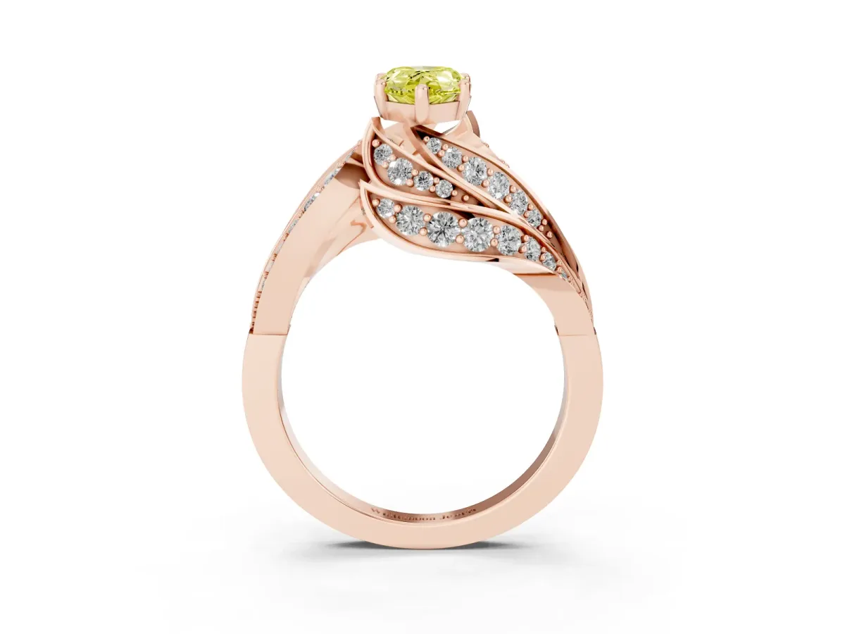 Fancy Yellow Pear Cut Diamond Solitaire Ring with Prong Setting and Twisted Pavé Band Rose gold