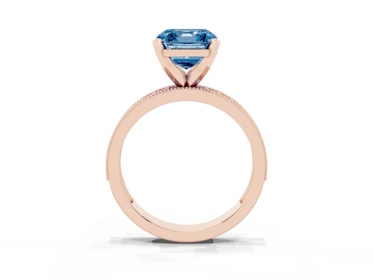 Fancy Blue Asscher Cut Diamond Milgrain Pavé Engagement Ring with Four-Prong Setting Rose gold