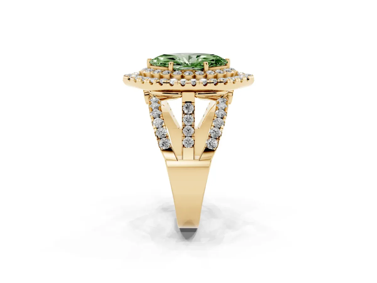 Fancy Green Marquise Cut Diamond Double Halo Ring with Round Pavé Split Shank and Prong Setting Yellow gold
