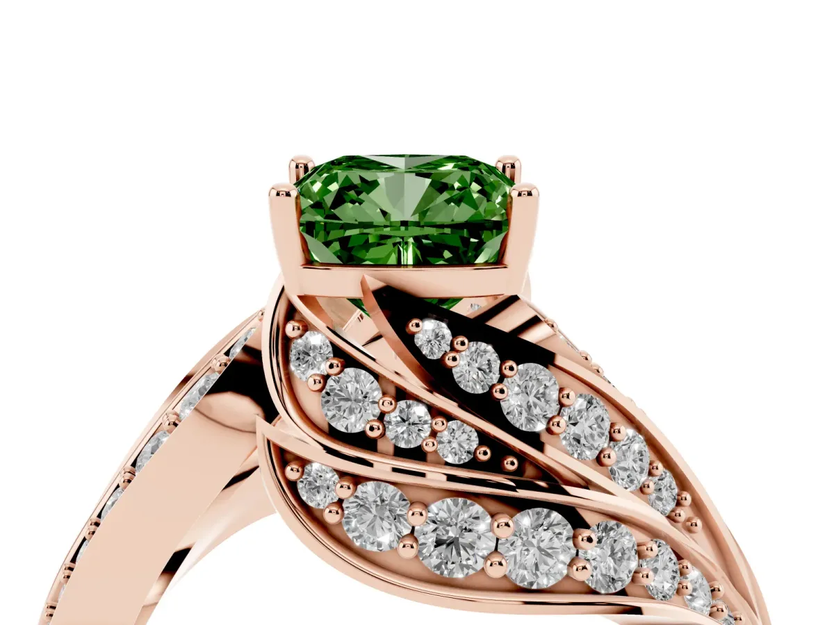 Fancy Green Cushion Cut Diamond Solitaire Ring with Prong Setting and Twisted Pavé Band Rose gold