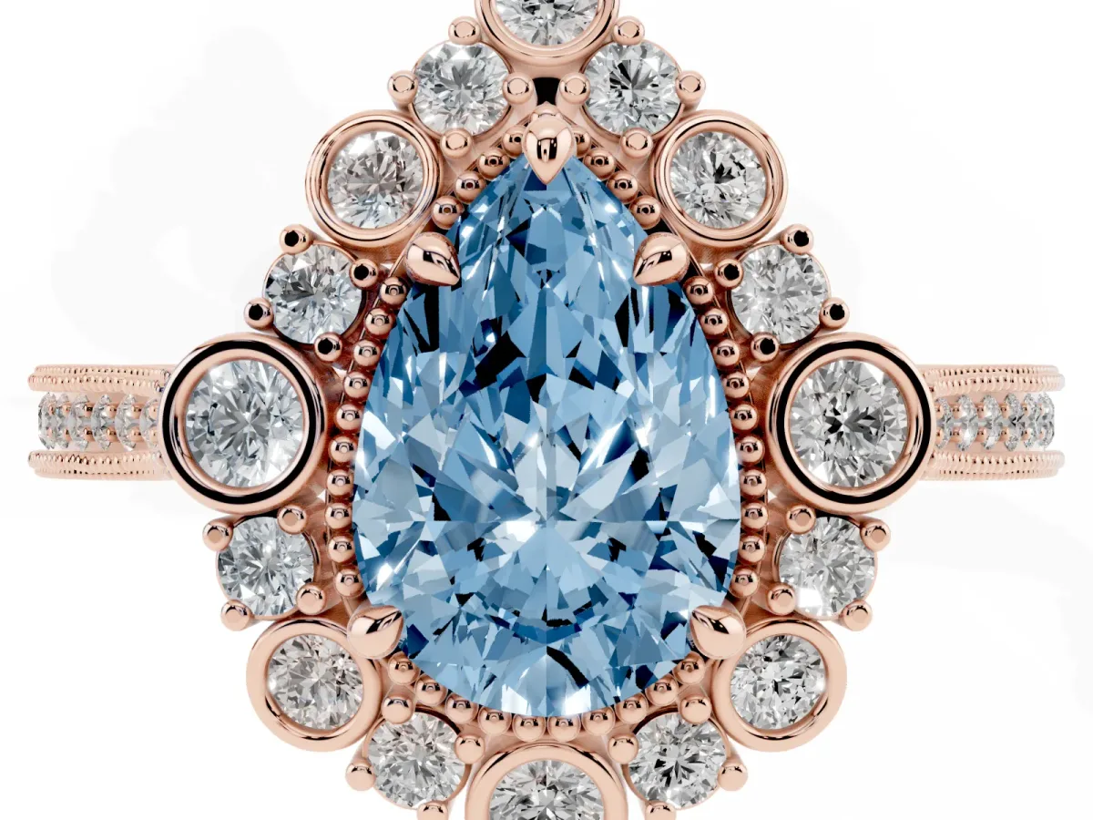 Fancy Blue Pear Cut Halo Milgrain Pave Diamond Ring with Four-Prong Setting Rose gold