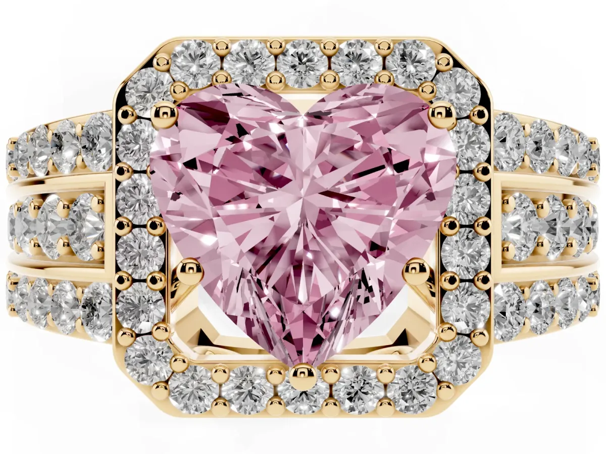 Fancy Pink Heart Cut Halo Diamond Ring with Round Split Shank and Prong Setting Yellow gold