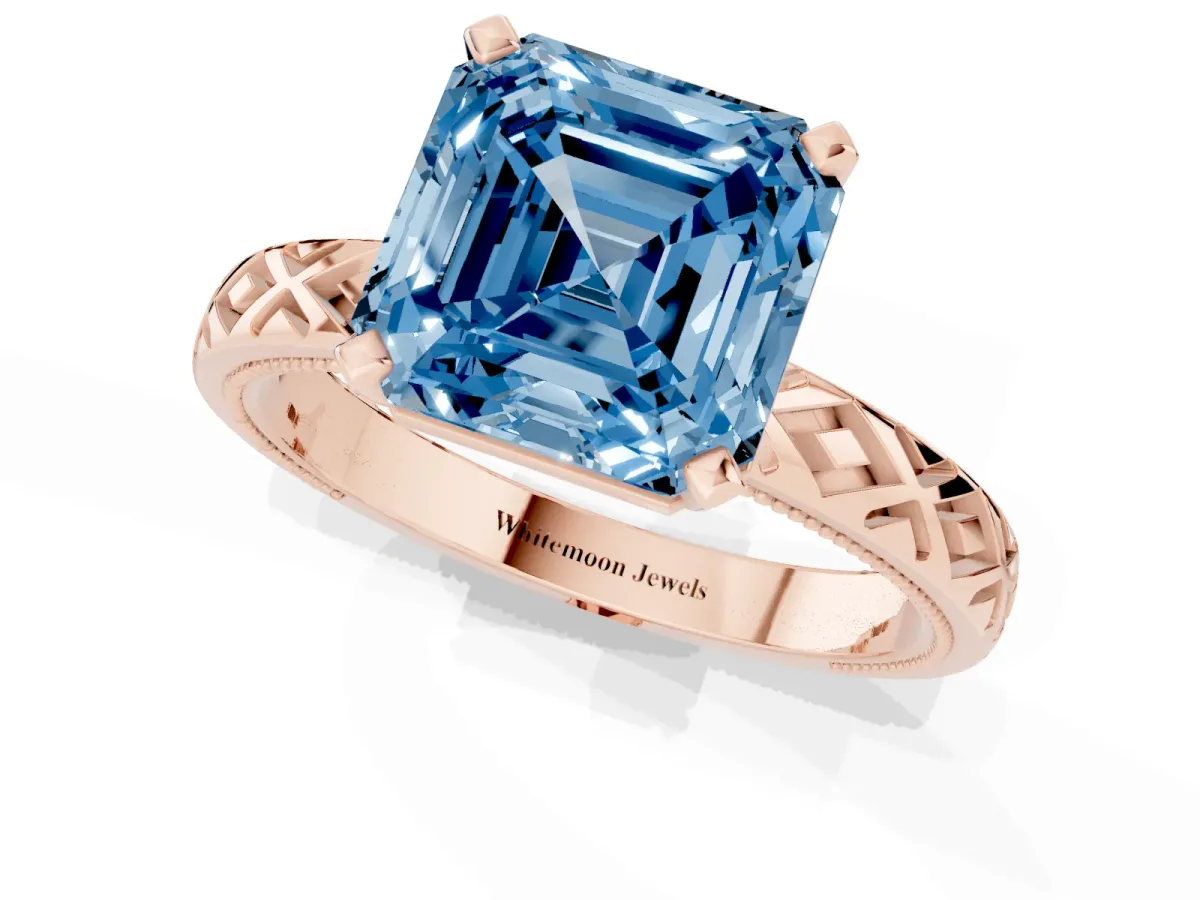 Fancy Blue Asscher Cut Solitaire Diamond Ring with Milgrain and Black Enamel X Pattern Band Rose gold