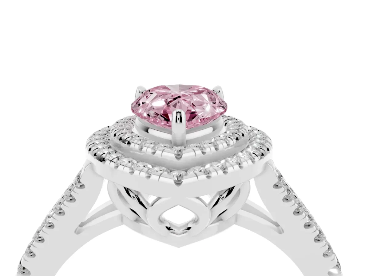 Fancy Pink Pear Cut Diamond Double Halo Ring with Pavé Band and Prong Setting Platinum
