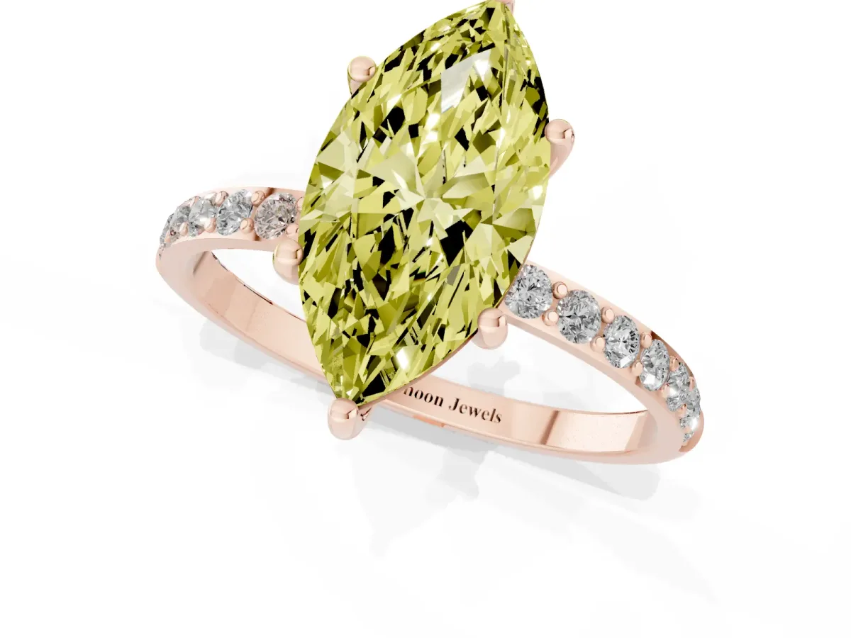 Fancy Yellow Marquise Cut Diamond Solitaire Ring with Round Pavé Shoulders and Prong Setting Rose gold