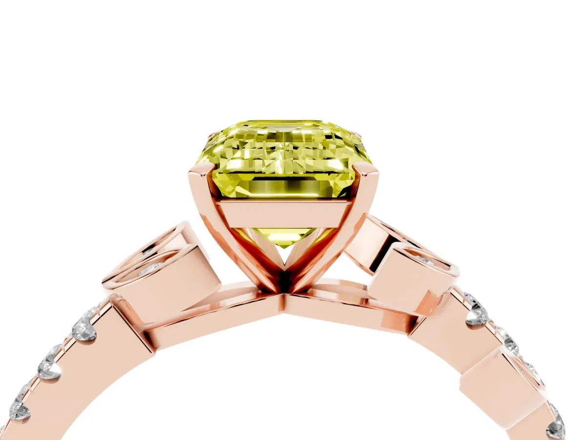 Fancy Yellow Emerald Cut Solitaire Leaf-Inspired Diamond Ring with Pavé Band and Four-Prong Setting Rose gold
