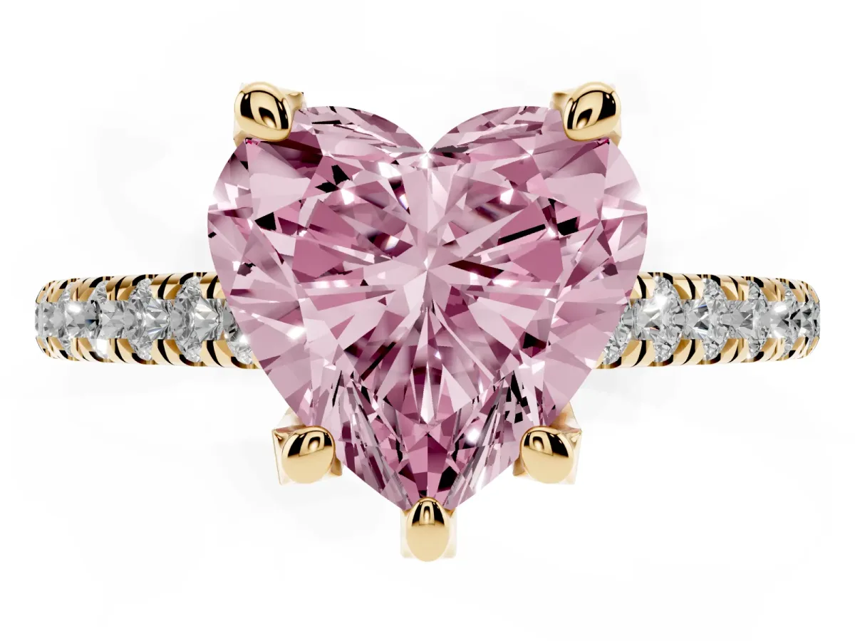 Fancy Pink Heart Cut Brilliant Diamond Solitaire with Pavé Band and Four-Prong Setting Yellow gold