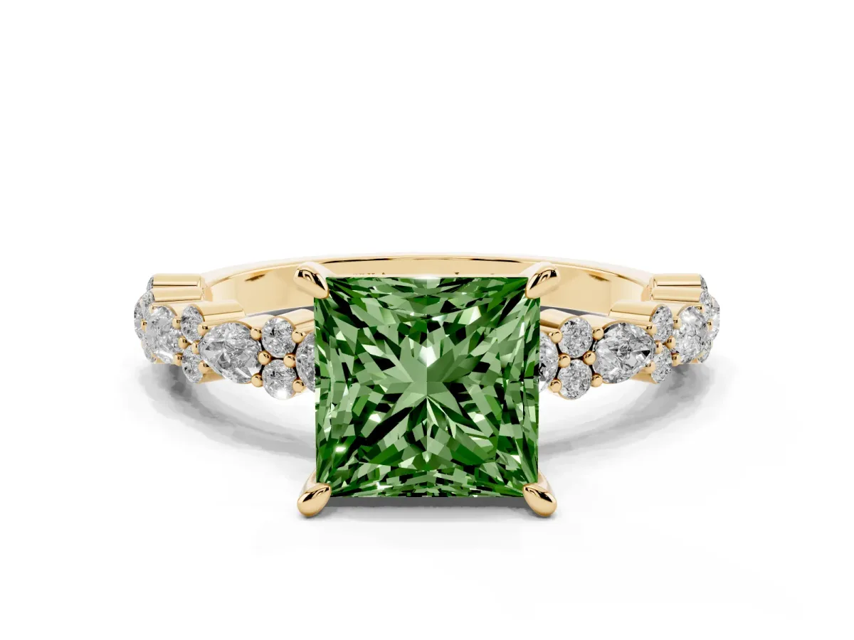 Fancy Green Princess Cut Diamond Side Stone Solitaire Ring with Round and Four-Prong Setting Yellow gold