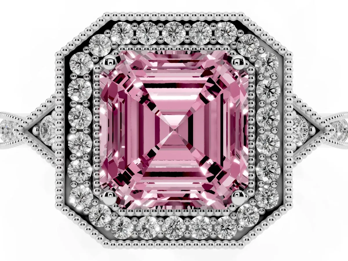Fancy Pink Asscher Cut Halo Round Diamond Milgrain Pave Engagement Ring Platinum