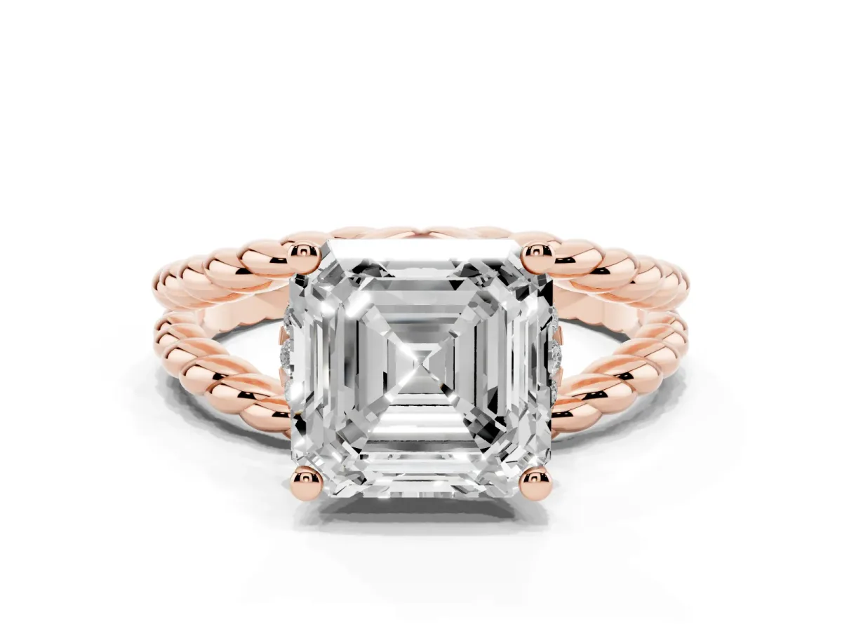Asscher Cut Halo Twisted Band Four-Prong Ring Rose gold
