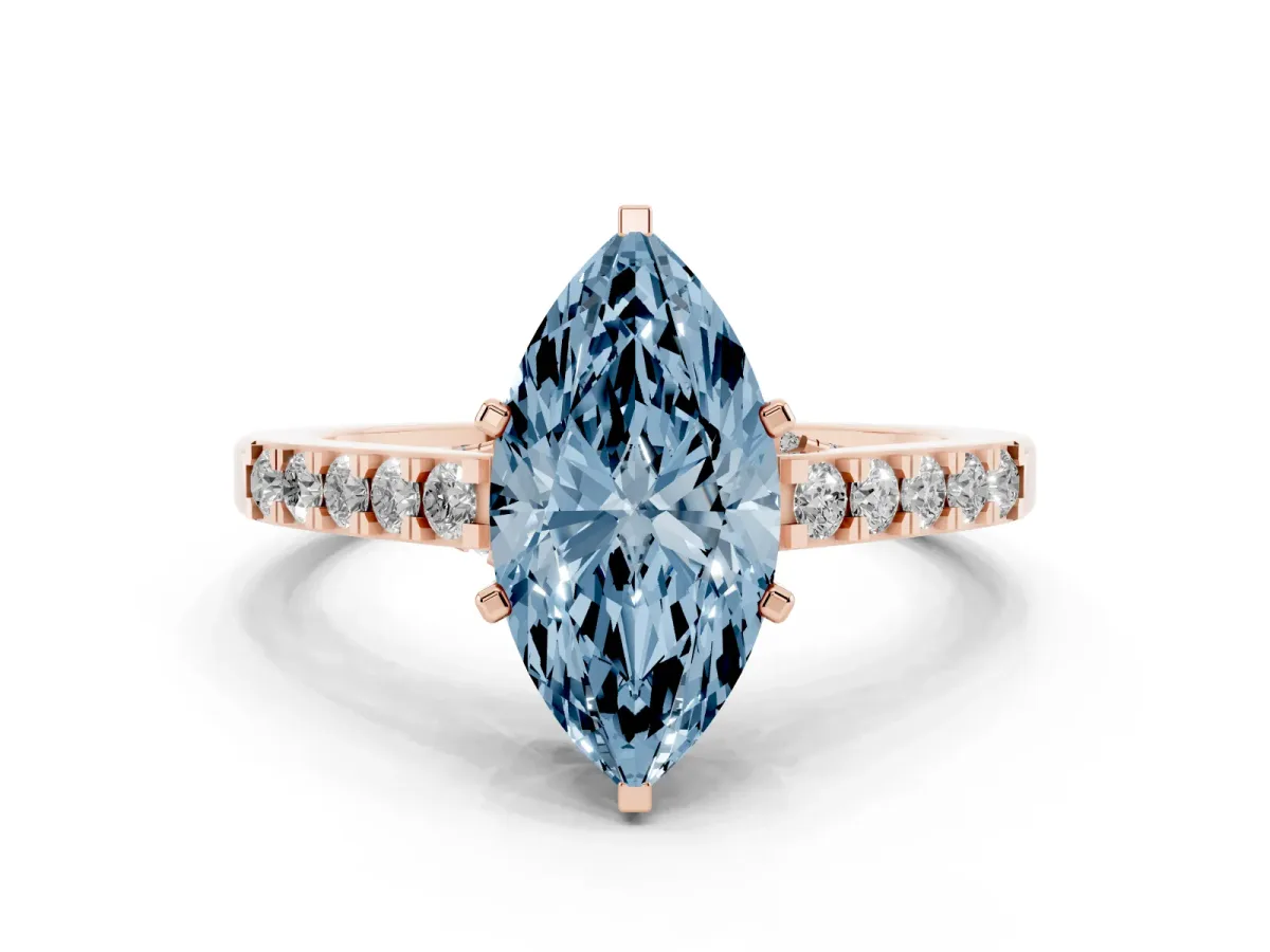 Fancy Blue Marquise Cut Diamond Solitaire Ring with Crossover Gallery and Round Pavé Band Rose gold