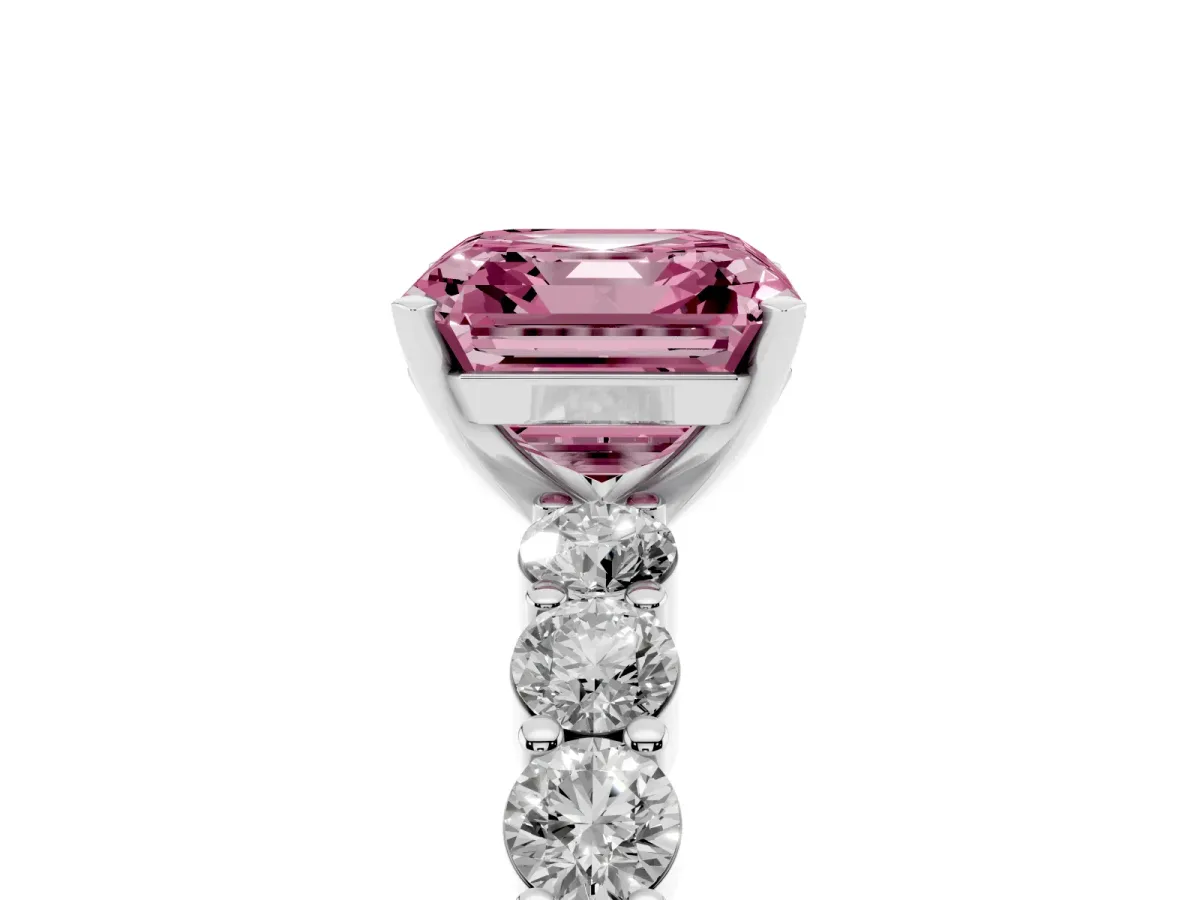 Fancy Pink Asscher Cut Diamond Solitaire Ring with Shared Prong Round Side Stones White gold