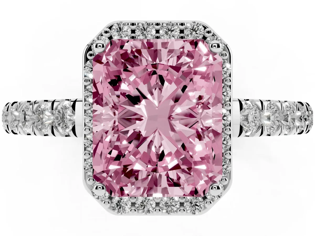 Fancy Pink Radiant Cut Cut Halo Diamond Engagement Ring with Pave Band and Four-Prong Setting Platinum