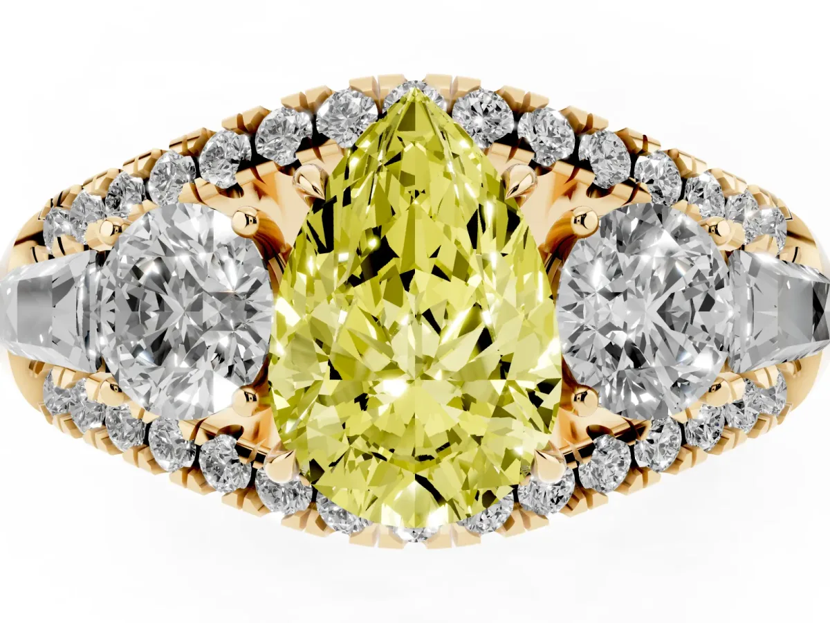 Fancy Yellow Three-Stone Pear Cut Diamond Engagement Ring with Pave Band and Prong Setting Yellow gold