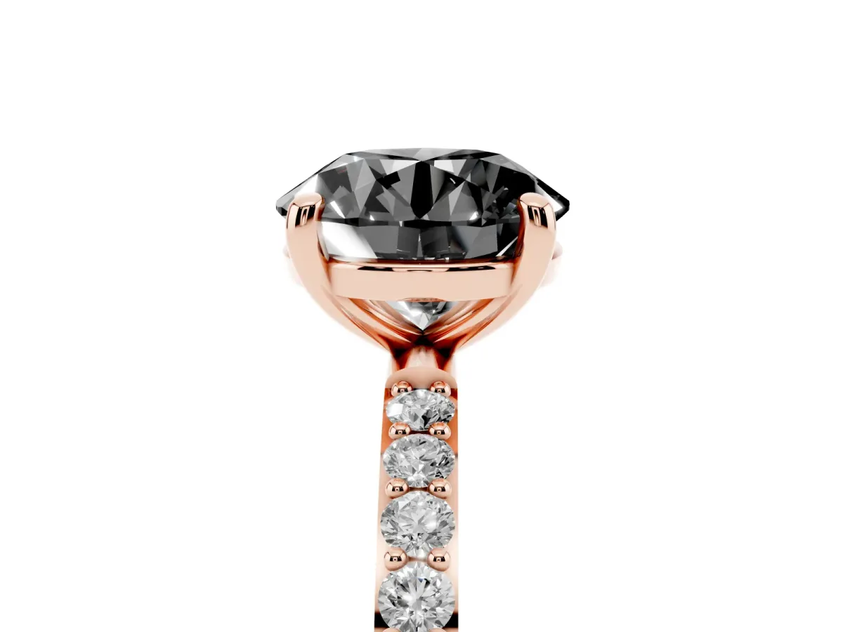 Fancy Black Round Cut Diamond Solitaire Ring with Round Pavé Band and Prong Setting Rose gold