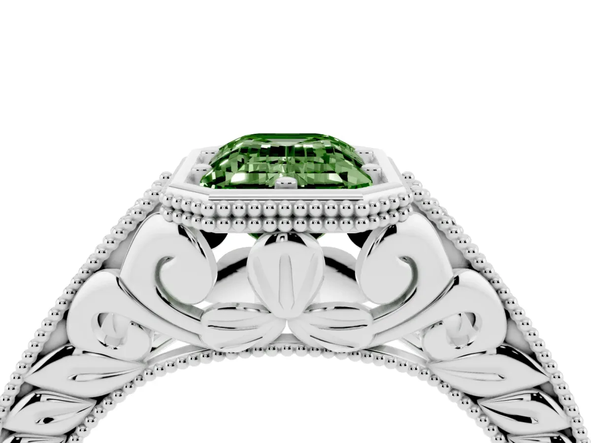 Fancy Green Bezel Set Emerald Cut Diamond Milgrain Pave Engagement Ring Platinum