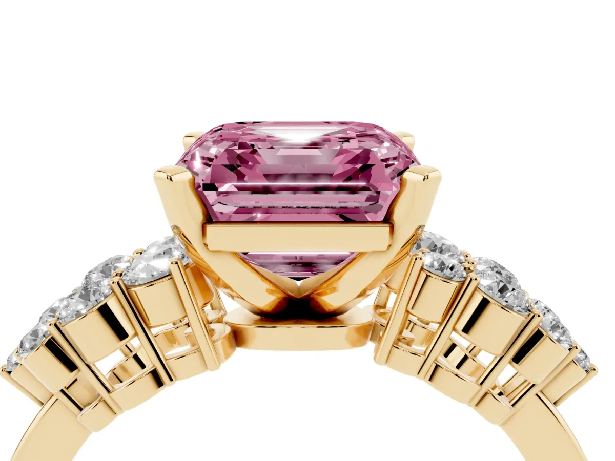 Fancy Pink Asscher Cut Cluster Diamond Engagement Ring with Pavé Band and Four-Prong Setting Yellow gold