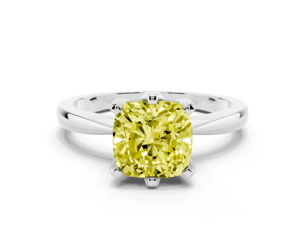 Fancy Yellow Cushion Cut Solitaire Engagement Ring with Six-Prong Setting and Tapered Band Platinum