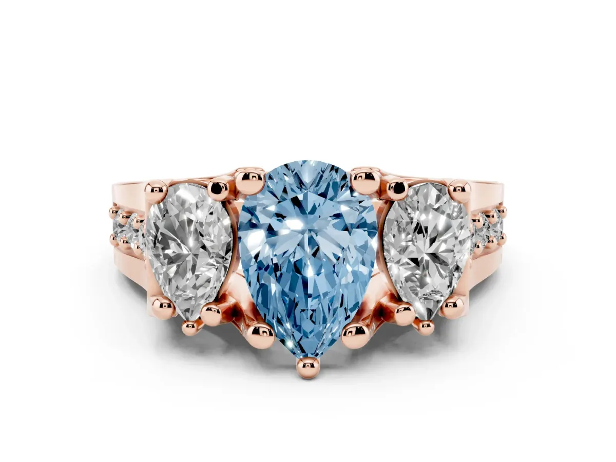 Fancy Blue Pear Cut Diamond Three-Stone Ring with Channel Set Band and Four-Prong Setting Rose gold