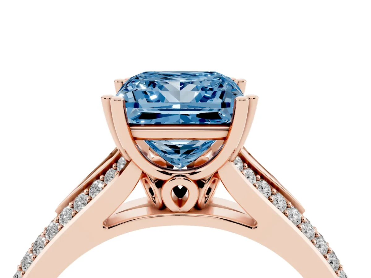 Fancy Blue Princess Cut Diamond Split Shank Engagement Ring with Pavé Band Rose gold
