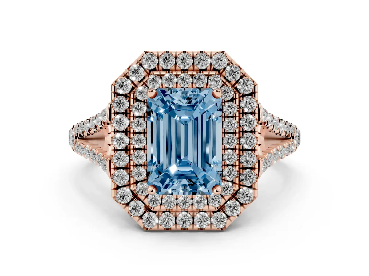 Fancy Blue Emerald Cut Diamond Double Halo Ring with Pavé Band and Prong Setting Rose gold