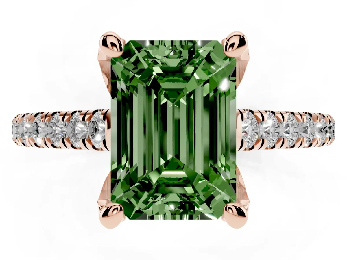 Fancy Green Emerald Cut Brilliant Diamond Solitaire with Pavé Band and Four-Prong Setting Rose gold