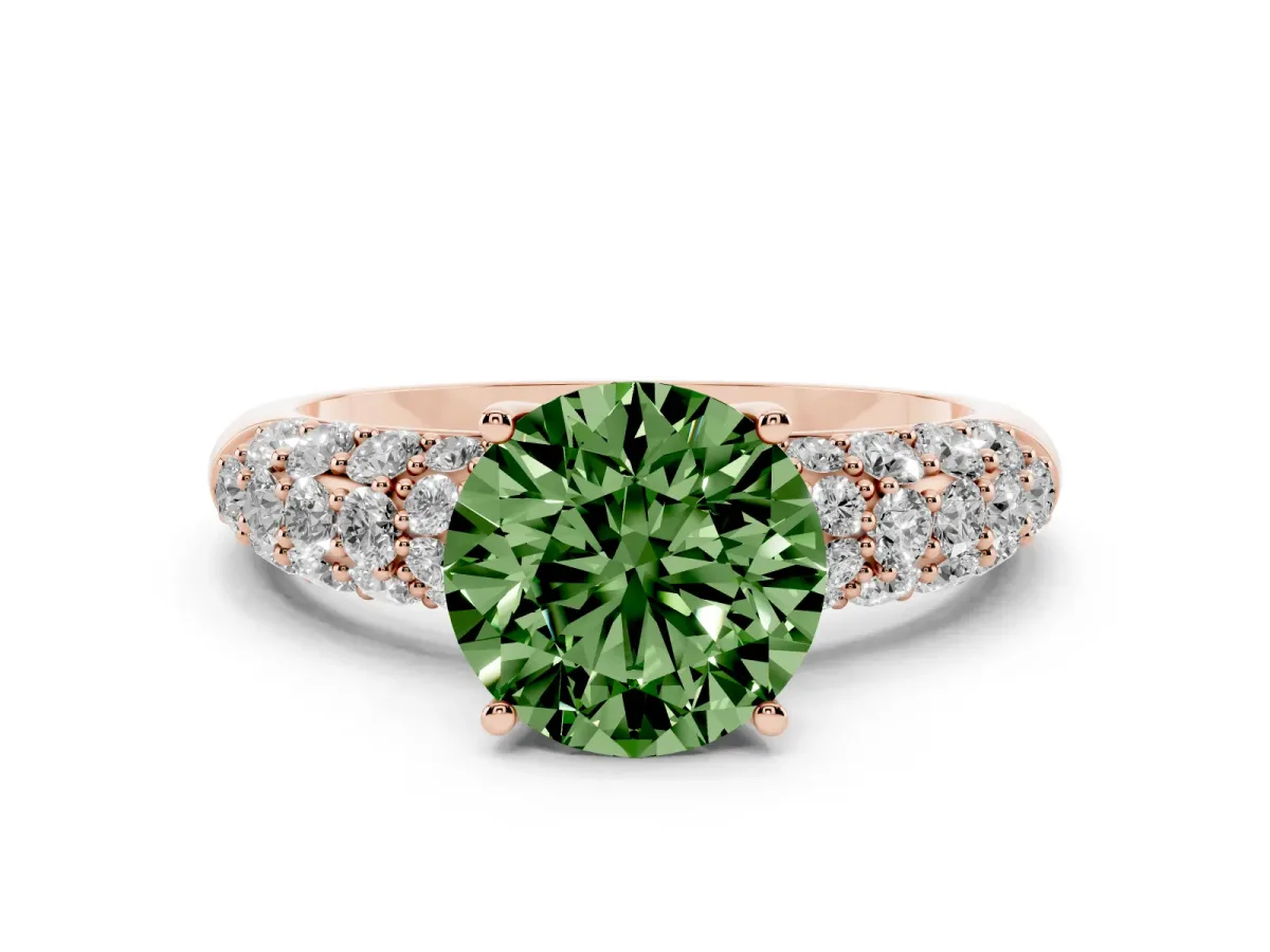 Fancy Green Round Cut Diamond Pavé Band Solitaire Ring with Four-Prong Setting Rose gold