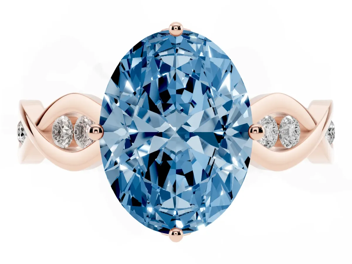 Fancy Blue Oval Cut Solitaire Twist Band with Leaf Prong Setting Rose gold