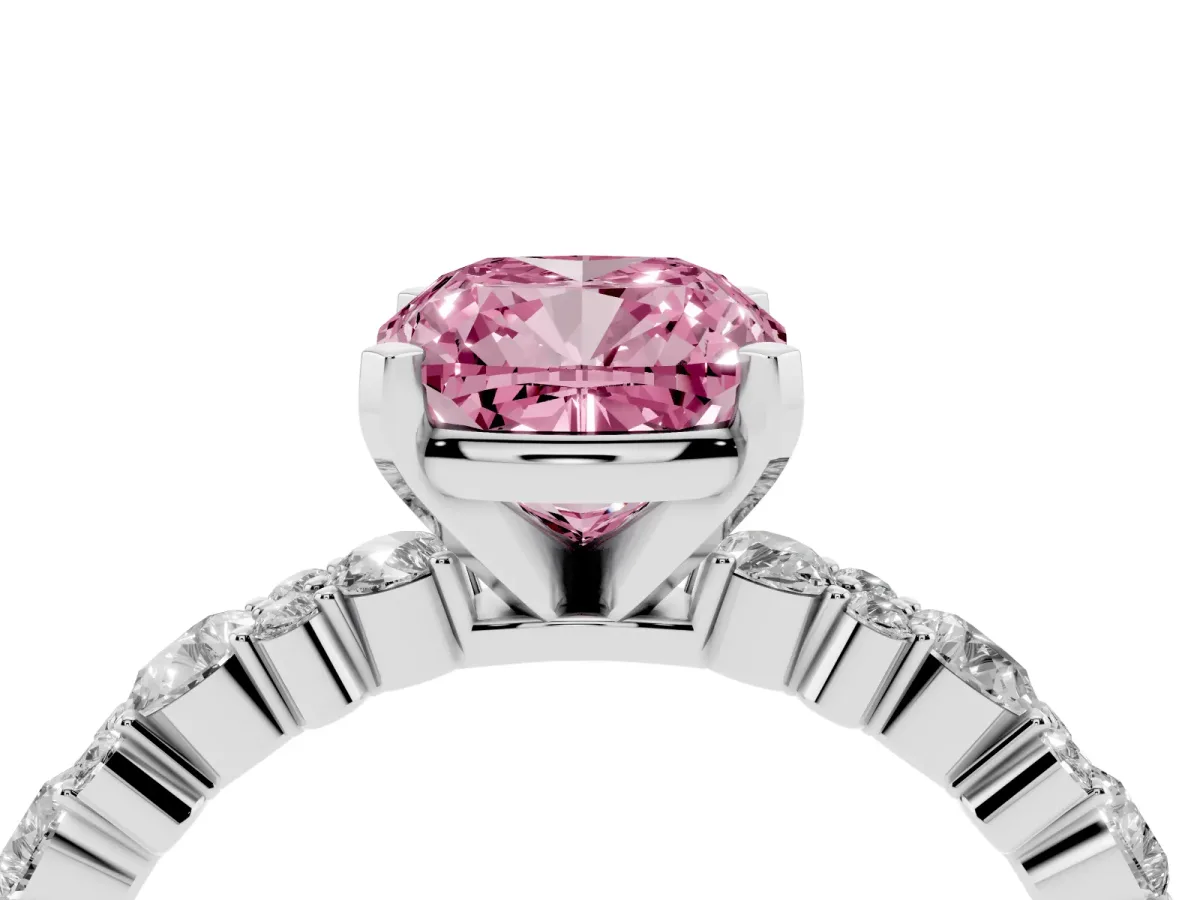 Fancy Pink Cushion Cut Diamond Side Stone Solitaire Ring with Round and Four-Prong Setting Silver